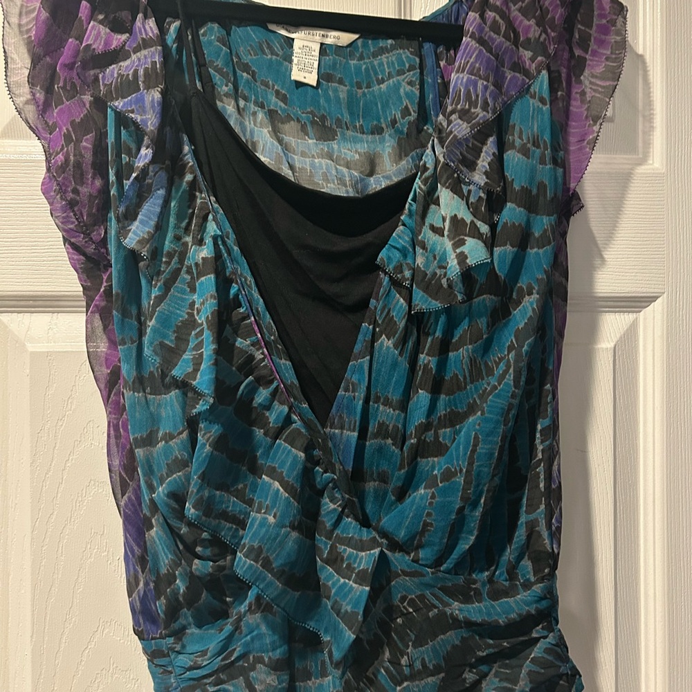 Diane Von Furstenberg Blue and Purple Ruffled Wrap Blouse